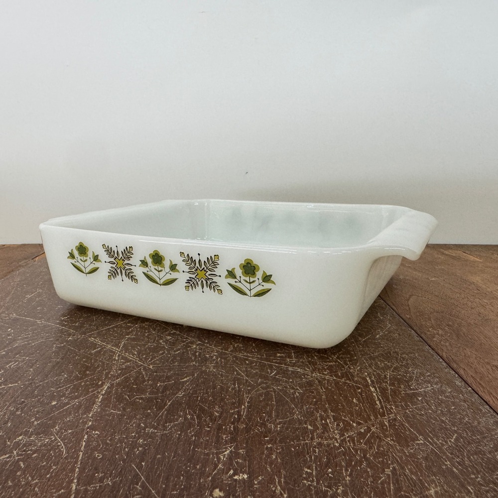 Vintage Fire King Green Meadow 435 Milk Glass Baking Dish 8 Inch Square USA Made